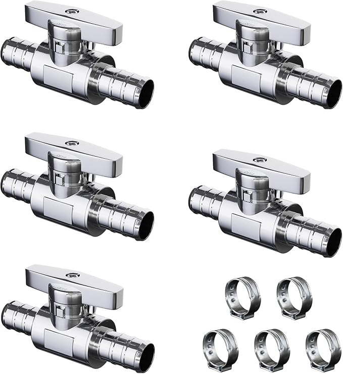 5 Pack Brass Pex Valve, 1/2" Pex x 1/2" Straight Stop Valve