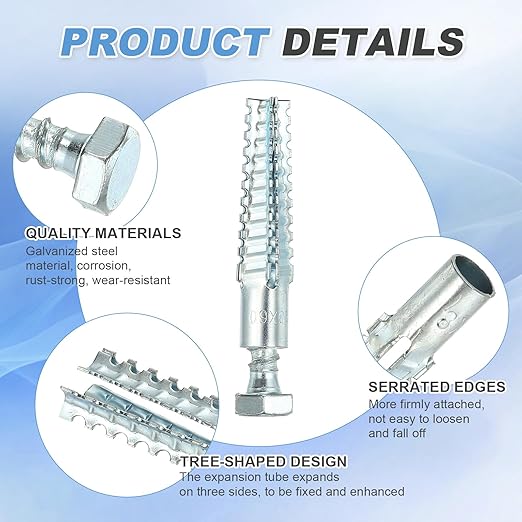 PATIKIL 20 Pcs Drywall Hollow Wall Anchors with Screws 0.31 x 2.48, Steel Dry Wall Anchors Kit for Wooden Concrete Plaster Hinge Hole Repair, Silver (10 x 60mm)