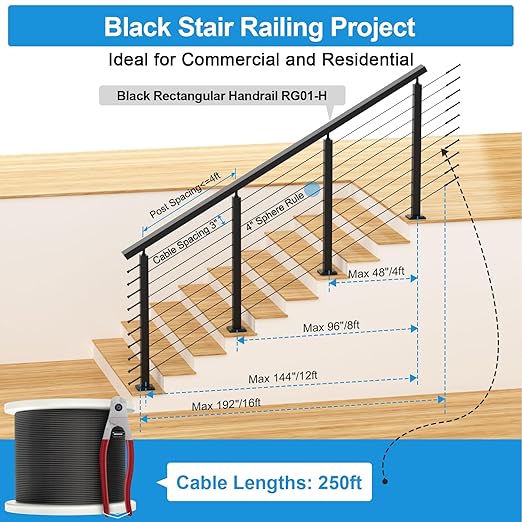 36" Stair Railing Post Kits(Post 35"x2"x2"), Adjustable Top Stair Cable Post System Includes 4Pack Stair Posts, 250FT Wire Rope, Black Swageless Cable Railing System Kit(No Handrail), RG32