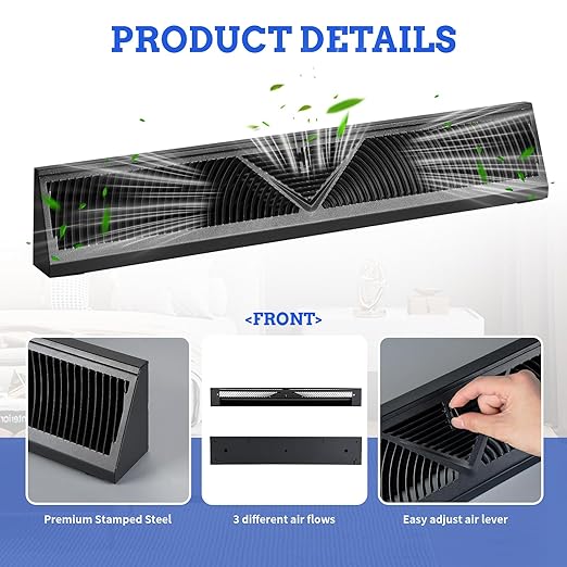 8 Pcs Baseboard Register Vent 24 Inch Duct Opening Size Baseboard Vent Covers Diffuser Adjustable Corner Return Air Grille for Home Floor Wall Air Flow Control (8, Black, 24 Inch)