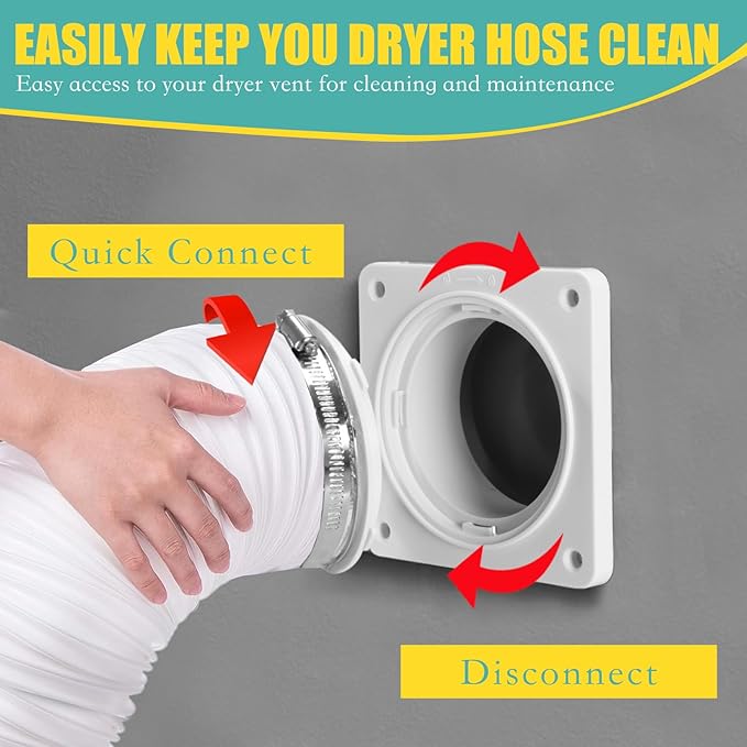 VIWINVELA Dryer Vent Wall Plate Quick Connector Snap to Vent Dryer Dock Connector Kit Fits 4 Inch Hose (Dryer Vent Connector with 4in-5ft White Hose)