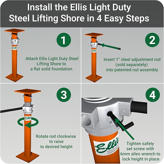 Ellis Manufacturing Light-Duty Steel Lifting Shore – Adjustable Foundation Support Jack for Floor Leveling, Beams, Concrete, and Basement – 18,000 lb Safe Load Capacity – 14"-22" Adjustment