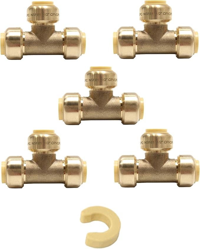 5 PCS EFIELD 1/2 Inch Tee Push-Fit Fitting to Connect Pex, Copper, CPVC Pipe with a Disconnect Tool Clip,(PF118-5PCS)
