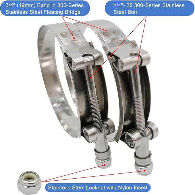ROADFORMER 90mm - 98mm T-Bolt O.D. Hose Clamp - Working Range 3.54" - 3.86" for 3.75" Hose OD, Stainless Steel Bolt and Band, Floating Bridge and Nylon Insert Locknut (90mm - 98mm, 2 pack)