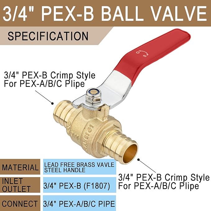 [4 Pieces] Lingmfg 3/4" PEX-B Crimp Ball Valve Shut Off Valve LING-BV1-3/4F1807-4