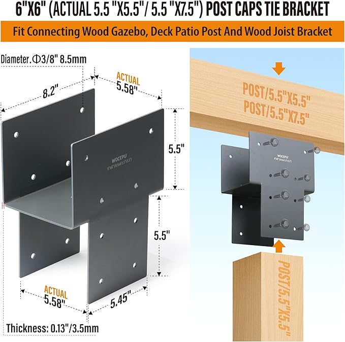 1 Pack Heavy Duty 6x6 (Actual 5.5"x5.5") Stainless Steel Post Caps Tie Bracket, Fit Connecting Wood Gazebo, Deck Patio Post and Wood Beams Bracket (Dark Ggray)