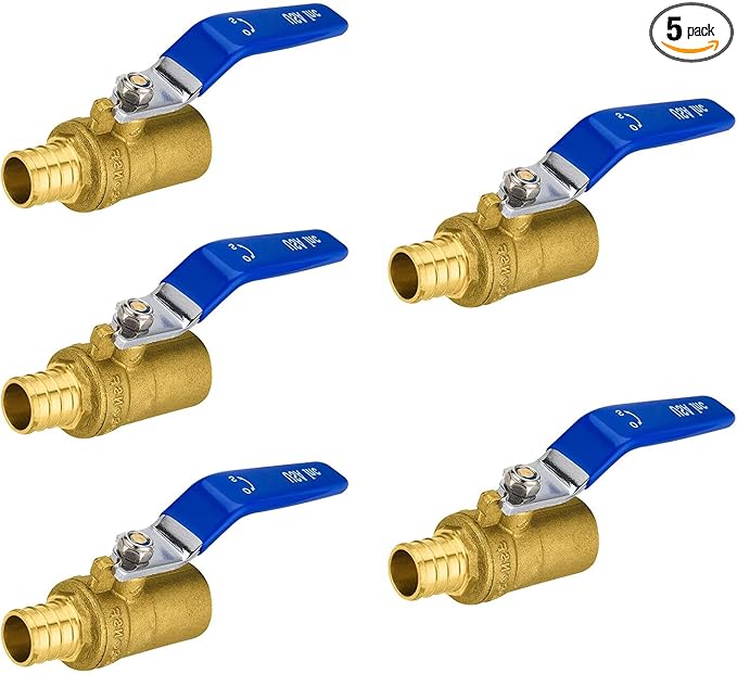 5 Pack Ball Valves, 3/4 Inch Pex B X 3/4 Inch Sweat Blue Shut Off Valve, No Lead Brass Full Port Pex Crimp Shut Off Ball Valve for Hot and Cold Water, ASTM F1807, NSF/ANSI 61 Certified