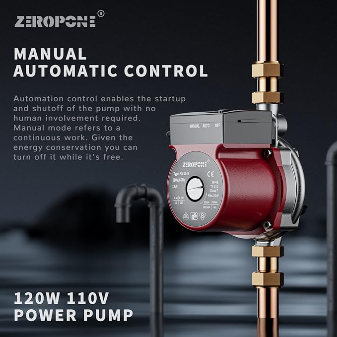 Hot Water Recirculating Pump, Water Circulator Pump, 120W 110V Automatic Circulating Pump Stainless Steel Head NPT 3/4" w/NPT 1/2" Adapter,15-9S Dual Control for Electric Water Heater System