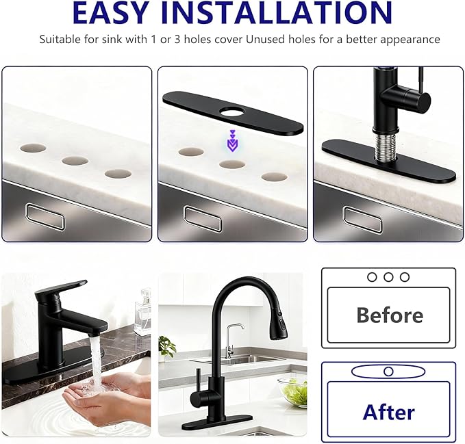 10" Bathroom Faucet Deck Plate Matte Black - Faucet Sink Hole Cover Stainless Steel Escutcheon Plate, Round Deck Plate Cover 3 Hole for Kitchen Bathroom Sink Faucet Hole (10" Black)