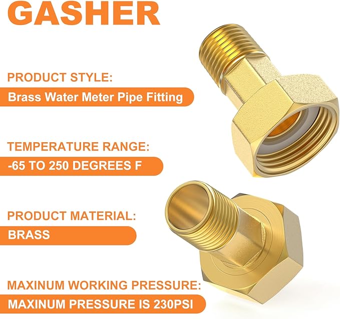 GASHER 5Pcs Brass Water Meter Pipe Fitting，3/4" NPT Male x 1" Female Adapter Pipe Fitting