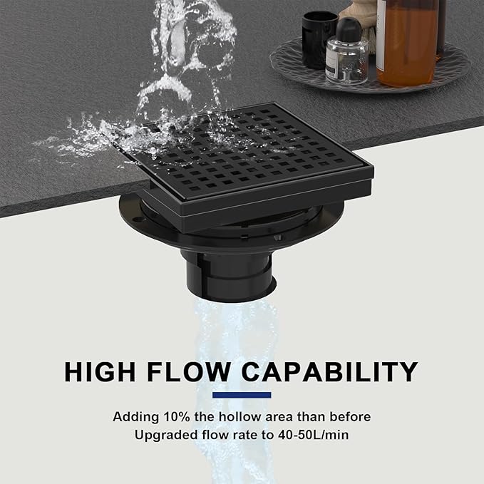 Square Shower Drain | 6 Inch AISI 304 Stainless Steel Shower Drain Kit with ABS Flange, Hair Strainer, Matte Black Shower Floor Drain with Removable Grid Cover, in Bathroom, Kitchen, Balcony etc.