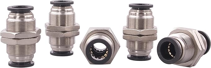 Bulkhead Union Push to Connect Tube Fitting 1/2 Inch Tube OD Stainless Steel Double Threaded (5 Packs)
