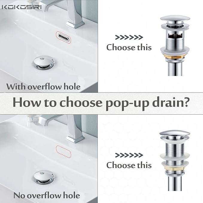 KOKOSIRI Bathroom Sink Drain with Detachable Hair Catcher, Polished Chrome Pop Up Sink Drain with Strainer Basket Anti Clogging for Vanity Vessel Sink with Overflow, C1001CH