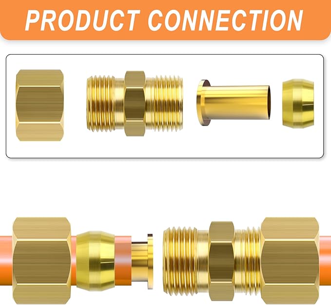 GASHER 100PCS Brass Compression Fitting, Brass Compression Insert Tube Support 3/8" Tube OD
