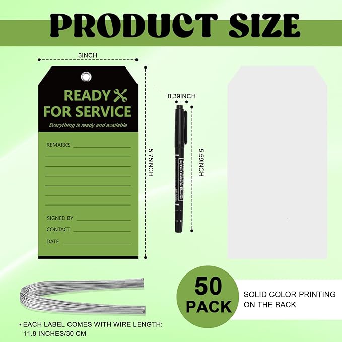 50PCS Ready for Service Tags 3" x 5 3/4" Service Repair Tags with Wire Service Tags for Equipment Black and Green Service Tags for Required Examination Production Status Notice Tags Cardstock