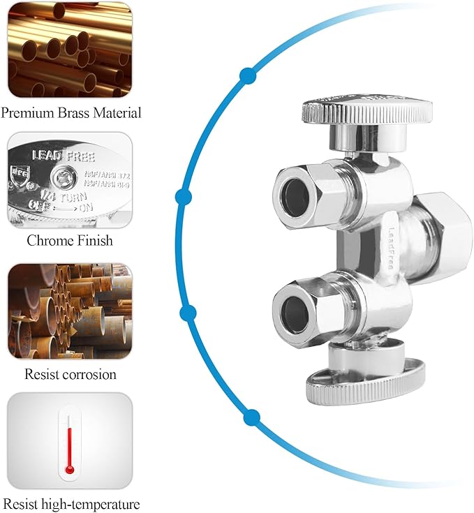 WiseWater 5/8" x 3/8" x 3/8" Compression Dual Shut Off Valve, Chrome Plated Brass 1/4 Turn Double Straight Stop Valve for Refrigerator, Ice Maker, Coffee Brewers, Water Filters (2 Pack)