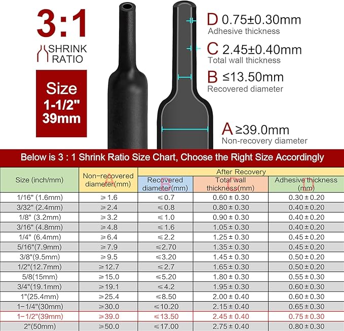 Chanzon 1-1/2 inch (40mm) Type G Waterproof Heat Shrink Tubing Marine 3:1 Ratio with Eventronic Dual Wall Adhesive Tubes Glue Inside 39G Black 80Ft/25M 1pcs