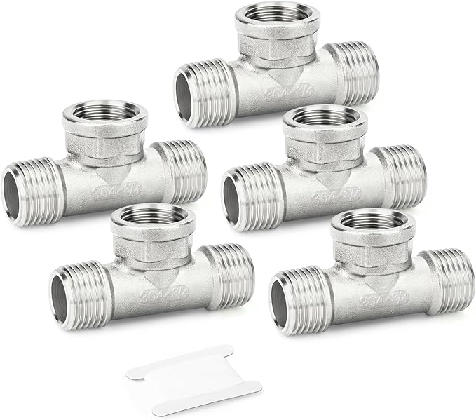 TAISHER 5PCS 304 Stainless Steel Tee Pipe Fittings, 3/4" NPT Male x 3/4" NPT Female x 3/4" NPT Male Pipe Fittings, Female Branch Tee