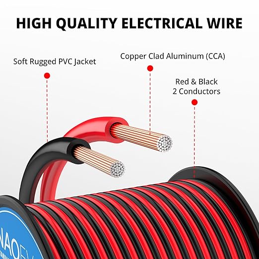 NAOEVO 16 Gauge Wire 200FT, 2 Conductors Electrical Wire Red Black Cable, Flexible/Low Voltage/PVC 16 AWG Copper Clad Aluminum Extension Cord for Speaker, LED Strips, Automotive 12V/24V DC