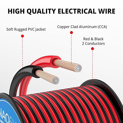 NAOEVO 16 Gauge Wire 100FT, 2 Conductors Electrical Wire Red Black Cable, Flexible/Low Voltage/PVC 16 AWG Copper Clad Aluminum Extension Cord for Speaker, LED Strips, Automotive 12V/24V DC