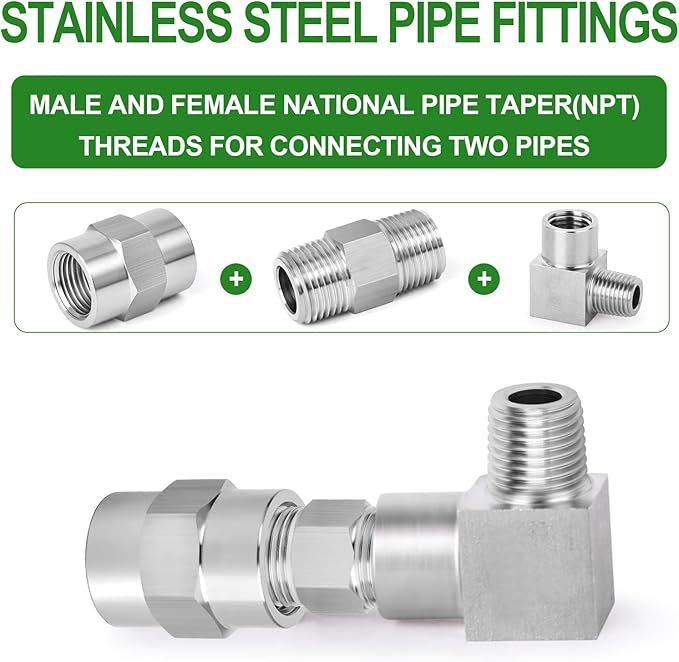 TAISHER 2PCS 304 Stainless Steel Square 90 Degree Barstock Street Elbow, 1/8 Inch NPT Male Pipe to 1/8 Inch NPT Female 304 Stainless Pipe Fitting