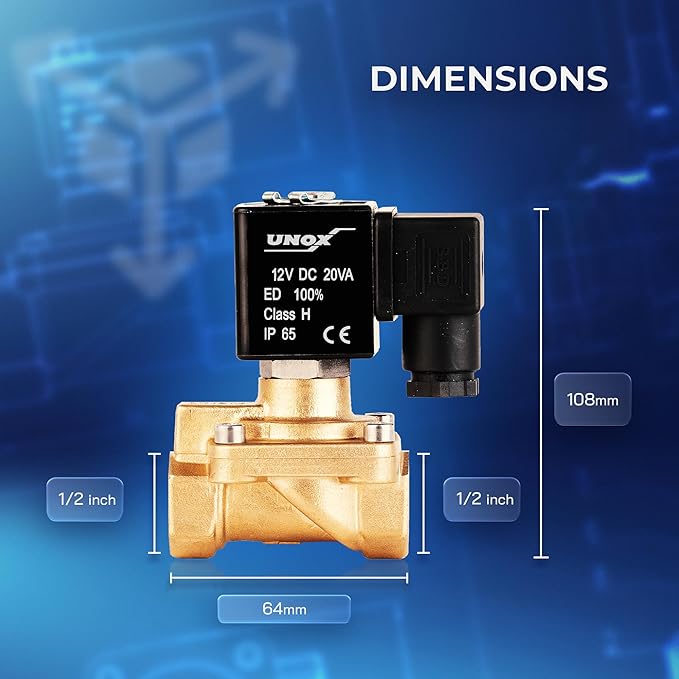 UNOX 1/2" NPT Solenoid Valve 12V DC, Brass Control Valve Normally Closed - 7-232 PSI Multi-Purpose Reliable Control Valve for Water, Air, and Gas - Solenoid Valves