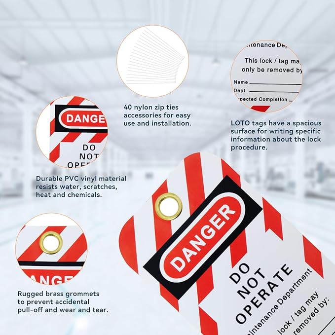 BULANGD Labels Lockout Tagout Tags, 40 Danger Do Not Operate Tags for Lock Out Tag Out with 40 Zip Ties, Tear & Water Resistant Loto Tags