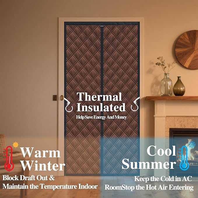 gulrear 38"x83" 3-Layer Thermal Door Insulation Curtain & Temporary Door Insulation Cover for Winter with Reflective Aluminum Foil – Blocks Cold and Heat,Magnetic Curtain for Easy Entry and Exit