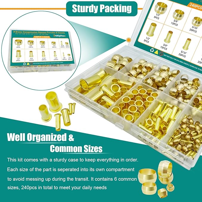 240PCS Brass Compression Sleeves Ferrules Inserts, 6 Sizes 1/2" 3/8" 5/16" 1/4" 3/16" 1/8" Tube OD Compression Fittings Assortment Kit for Air Water Fuel Oil and Inert Gases Line Connection