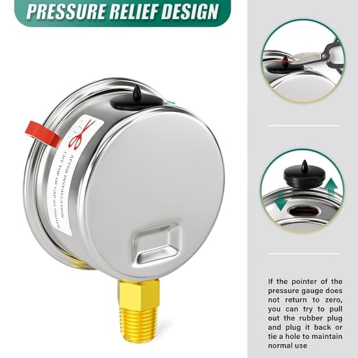 0-100psi Stainless Steel 1/4" NPT 2.5" Dial, Glycerin Liquid Filled Pressure Gauge Lower Mount for Pressure Testing of Water, Oil and Air (with Range Mark Pointer)