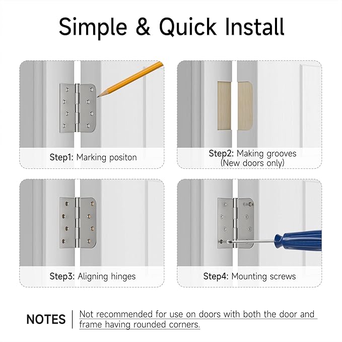 HOSOM 3 Pack Brushed Nickel Exterior Door Hinges 4 Inch, 5/8" Radius, Removable Pin, Perfect for Heavy-Duty Front & Back Door, Antirust & No Squeaks