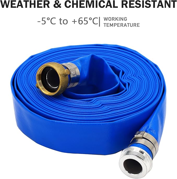 DAVCO 1.5" ID × 100 ft Pool Backwash Hose, Heavy Duty Reinforced Blue PVC Lay Flat Water Discharge Pump Hoses For Swimming Drain Pools and Clean Filters, With Aluminum Pin Lug Fittings