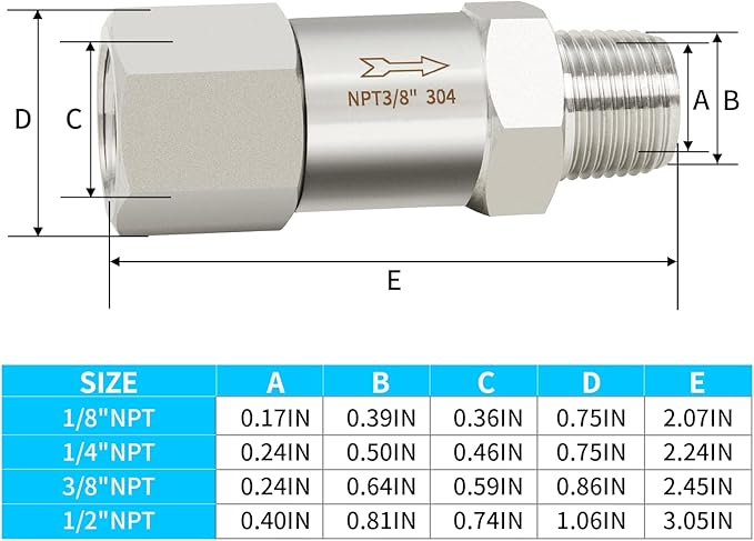 ChillWaves 304 Stainless Steel In-Line Split Check Valve 3/8" NPT Male x 3/8" NPT Female Thread, One-Way Non-return Check Valve，Prevent Water Back-flow(1-PACK)