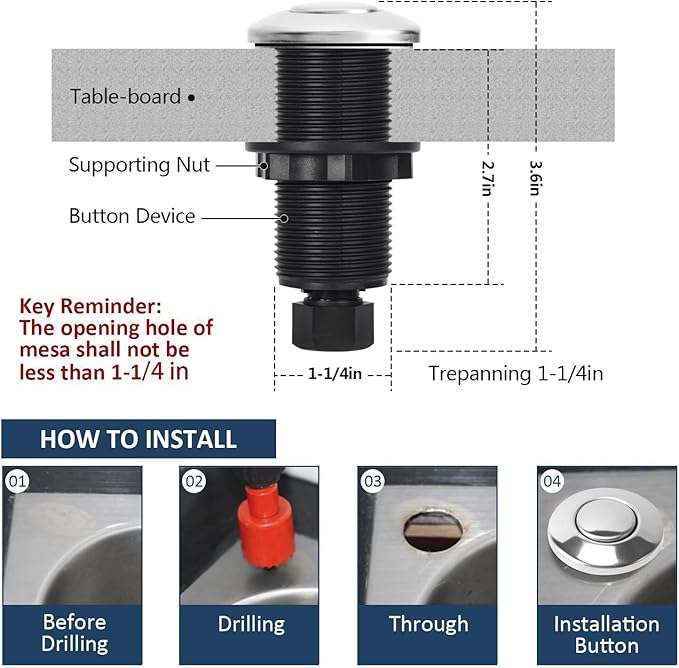 Garbage Disposal Air Switch Kit Sink Top Waste Disposal Long Stainless Steel On/Off Air Button Food and Waste Disposals Part by Etoolcity