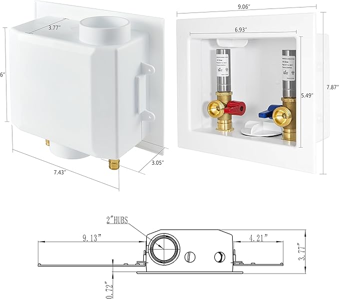 EFIELD MH Washing Machine Outlet Box, 1/2" PEX Inlet, 3/4" MHT Outlet, Brass Ball Valve, Stainless Steel Water Hammer Arrestor, White,(WM007)