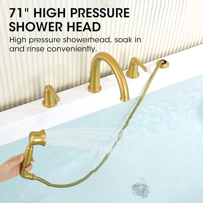 Roman Tub Faucet Set with Hand Shower, KRUZOO Bathtub Faucet Set Trim Kit with Rough-in Valve, Deck Mount Widespread 4 Hole Brass Tub Filler, KZ-9608BG, Brushed Gold