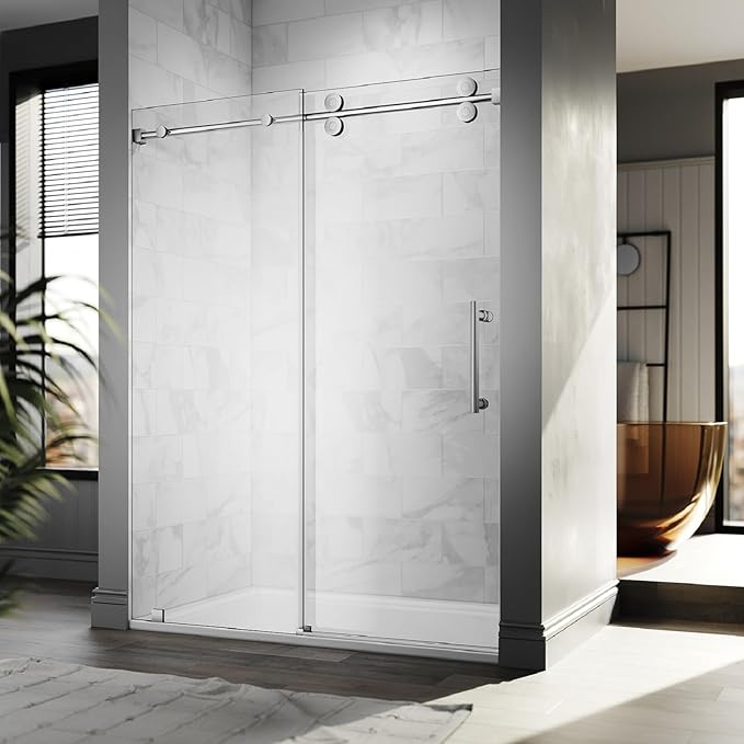 56-60 Inch x 80 Inch Sliding Frameless Shower Door, 3/8" Tempered Glass with Easy-Cleaning Coating, Stainless Steel Rollers & SGCC-Certified Stability, Bright Chrome