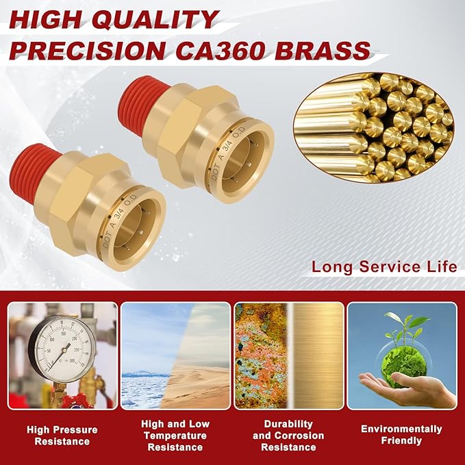 3/4" Quick Push to Connect Fittings Brass Union Straight Joint DOT Approved 3/4" Tube OD x 3/8" NPT Thread Air Line Adapter Air Suspension Kit for Truck Trailers and Air Brake System 10pcs