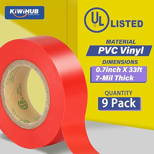Red Electrical Tape, UL Approved, 9 Pack 0.7in X 33ft, Industrial Grade Vinyl Electrical Insulating Tape, Electric Tape for Improvement Electrical Equipment