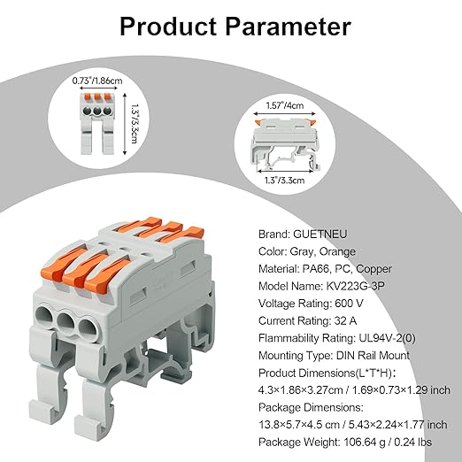 5Pcs DIN Terminal Blocks, 3 Conductor Compact Wire Conductor Splicing Connectors, KV223 Lever Wire Connectors for AWG 28-12, 600V 32A