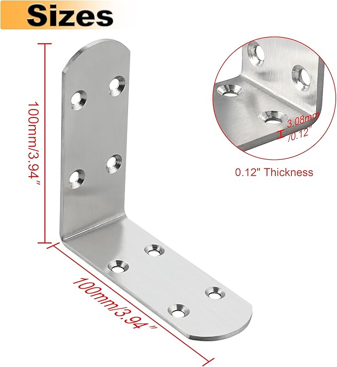 Alise 4Pcs Stainless Steel L Brackets for Shelves, Small Floating Shelf Brackets, 90 Degree Right Angle Bracket, Heavy Duty Metal L Bracket Corner Brackets for Wood Furniture (Brushed, 3.94X3.94 in)