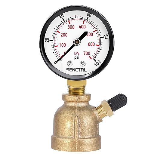 SENCTRL 0-100 Psi Gas Pressure Test Gauge, 2" Dial Size, 3/4" FNPT Connection, Brass Valve, Forged Brass Bell Shape Body Assembly