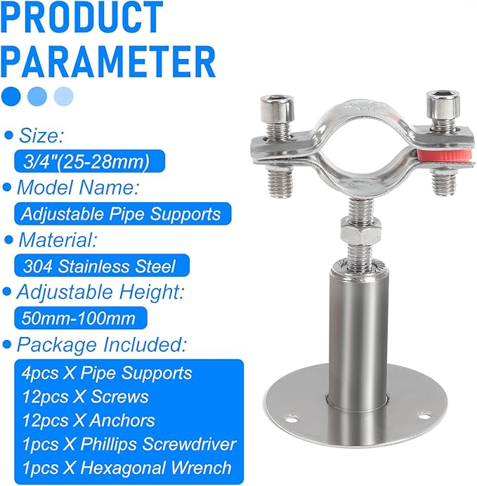 Kodilin 4PCS 304 Stainless Steel Wall Mount Ceiling Mount Pipe Supports,Suitable for OD Pipe 3/4"(25-28mm),Adjustable Height 50-100mm,Adjustable Pipe Strap Clamp with Screws
