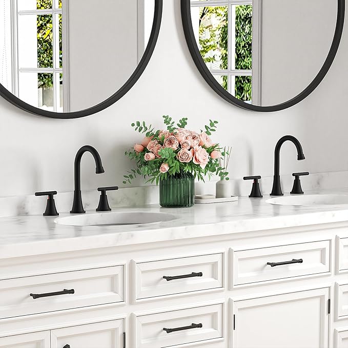 Bathroom Faucets for Sink 3 Hole, Hurran Matte Black Bathroom Sink Faucet with Pop-up Drain and Supply Lines, Stainless Steel Lead-Free Widespread Faucet for Vanity RV Farmhouse, 2 Pack