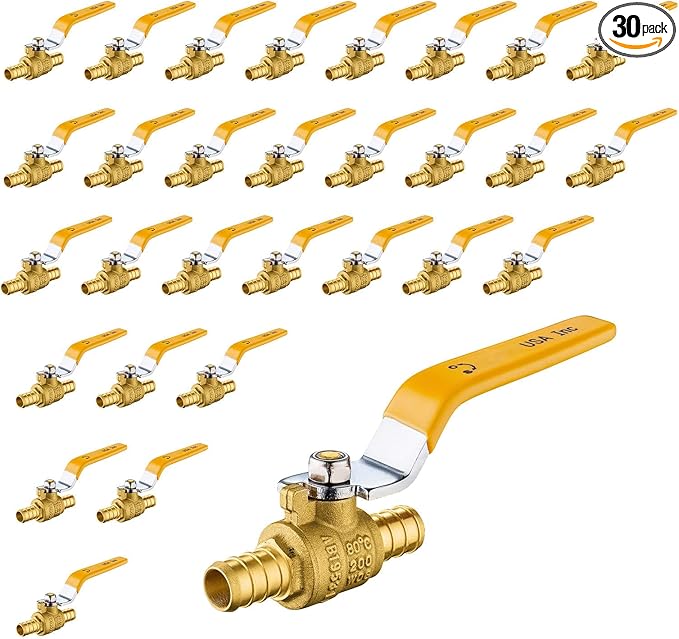 30 Pack Ball Valves, 1/2" Pex Crimp Shut Off Valve Yellow, Brass Full Port Pex B Shut Off Ball Valve for Hot and Cold Water, NSF/ANSI 61 Certified