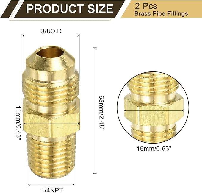 uxcell 2Pcs Brass Tube Fitting, 3/8O.D x 1/4NPT Brass Flared Pipe Adapter Fittings Reducing Nipples Connector, Half Union Gas Adapter for Pipe Connections, Hydraulics, Refrigeration