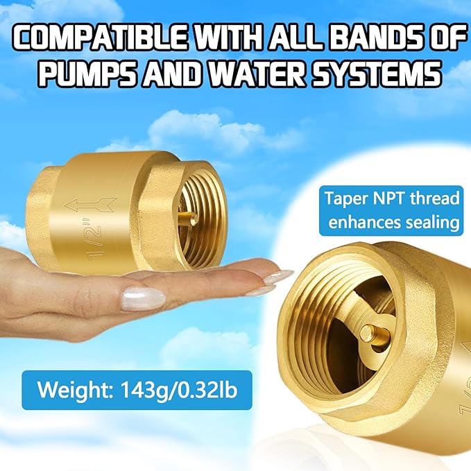 Boltigen 2PCS Solid Brass Spring Check Valve, 1/2 Inch NPT Female Thread Non-Return One-Way Horizontal and Vertical In-Line Water Valve for Well, Pump, Tank, Backflow Preventer