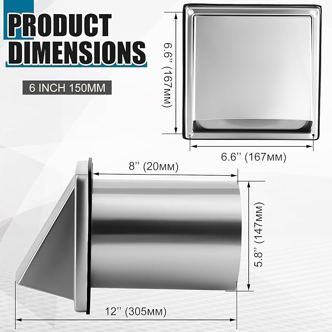 Gisafai 6" Outside Dryer Vent Cover for Exterior Walls Exhaust Vent Cap with Removable Extension Pipe Stainless Steel Hood Cushioned Non Return Flap with Sealing Gasket Grille Screen
