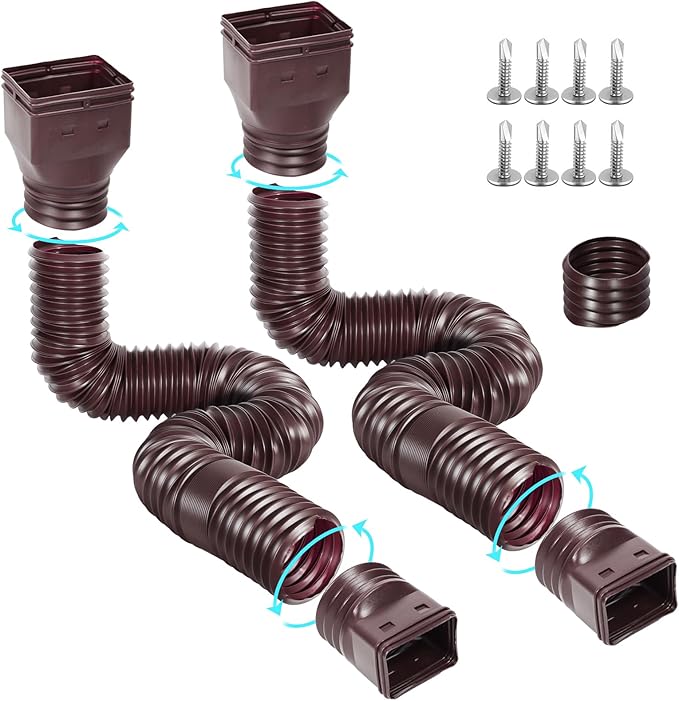 Flexible Gutter Downspout Extensions, Connectable Downspout Extender with 58"+ 67" Extendable Pipe, Thickened Down spout Drain Extension for Rainwater Drainage(2 Pack, Brown)