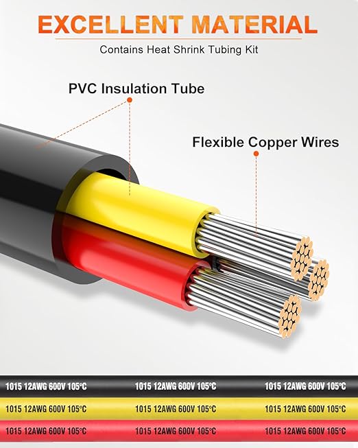 NAOEVO 12 Gauge Wire 3 Conductor Electrical Wire, 12 AWG Stranded PVC Cord, 12V Low Voltage/Tinned Copper/Flexible Cable for Automotive Wiring, Lamp Cord, Marine Cable (200FT)